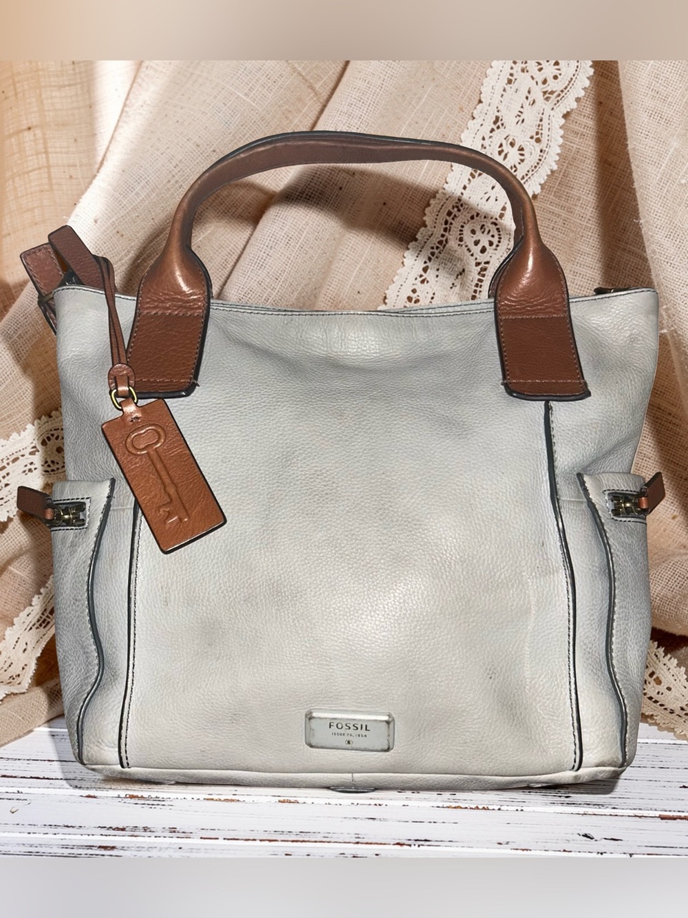 Fossil Emerson Light Blue Color Block Brown Leather Satchel Bag Purse